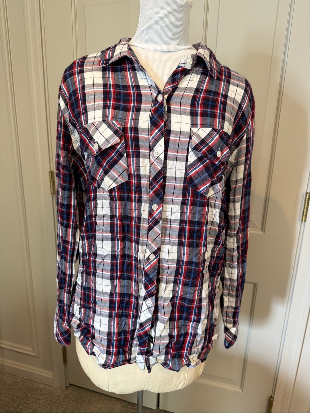 Rails Women’s Plaid Button-Down Shirt Navy, Red, White Carmen Rayon Large